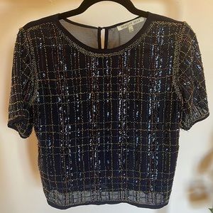 Delicate and beautiful beaded short sleeve navy blouse